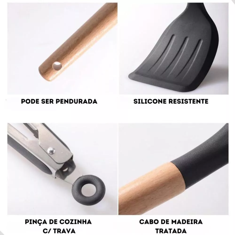 Kit Utensílios de Cozinha 12Pçs - Silicone e Cabo de Madeira- Cinza / Madeira