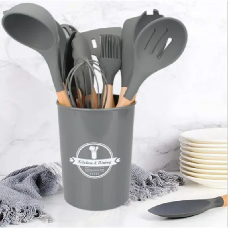 Kit Utensílios de Cozinha 12Pçs - Silicone e Cabo de Madeira- Cinza / Madeira