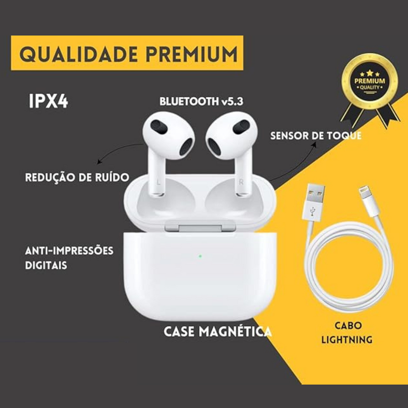 Fone AirPods Pro 3 Estojo de Recarga Lightning  -  Linha Premium  - Branco