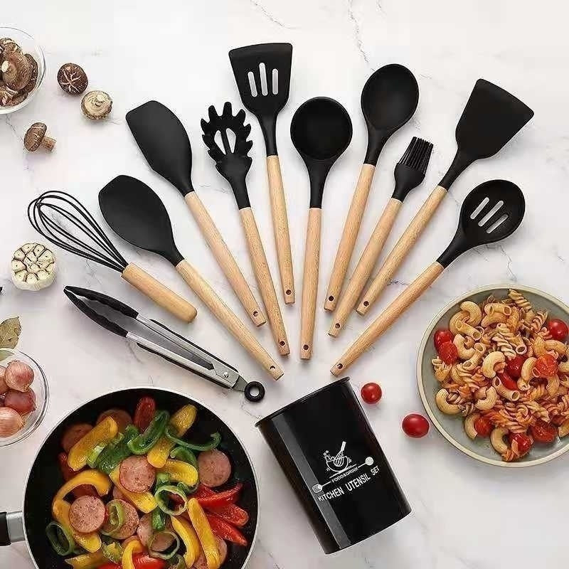 Jogo de Cozinha Kit C/12 Pçs de Silicone Utensílios e Copo Suporte para Cozinha Cabo de Madeira Su