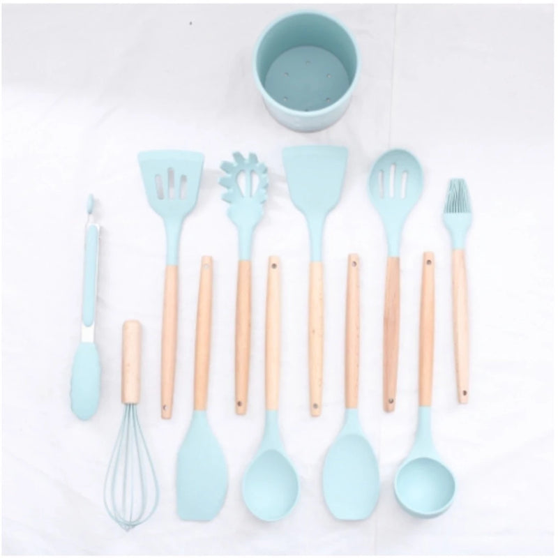 Jogo de Cozinha Kit C/12 Pçs de Silicone Utensílios e Copo Suporte para Cozinha Cabo de Madeira Su