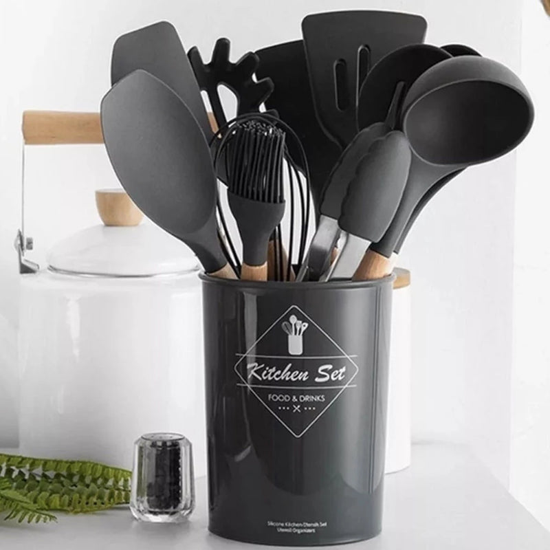 Jogo de Cozinha Kit C/12 Pçs de Silicone Utensílios e Copo Suporte para Cozinha Cabo de Madeira Su