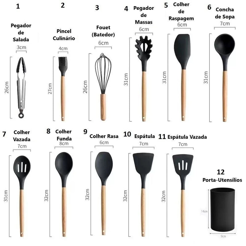 Jogo de Cozinha Kit C/12 Pçs de Silicone Utensílios e Copo Suporte para Cozinha Cabo de Madeira Su