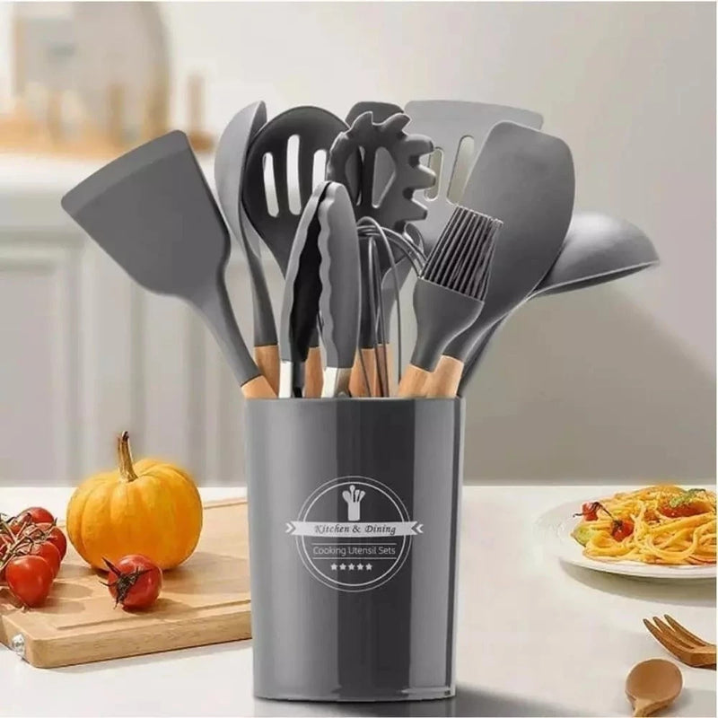 Jogo de Cozinha Kit C/12 Pçs de Silicone Utensílios e Copo Suporte para Cozinha Cabo de Madeira Su