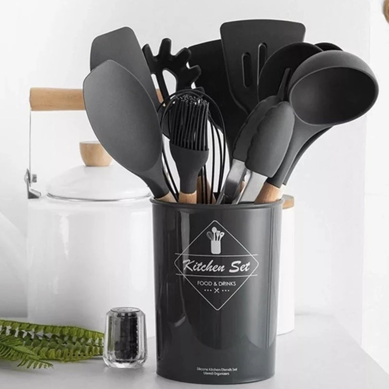 Jogo de Cozinha Kit C/12 Pçs de Silicone Utensílios e Copo Suporte para Cozinha Cabo de Madeira Su