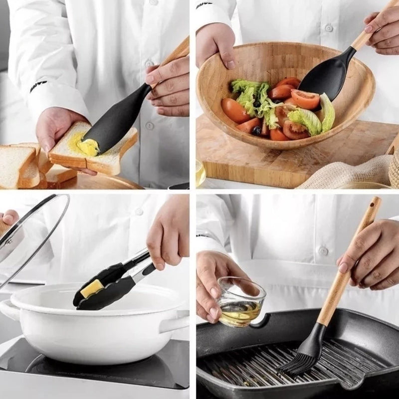 Jogo de Cozinha Kit C/12 Pçs de Silicone Utensílios e Copo Suporte para Cozinha Cabo de Madeira Su