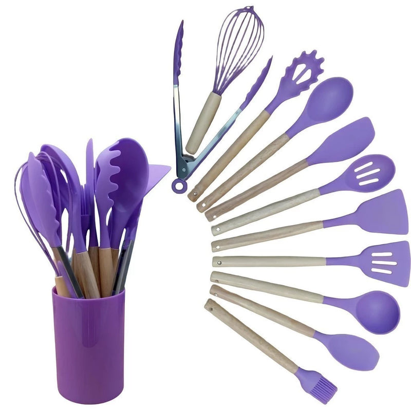 Jogo de Cozinha Kit C/12 Pçs de Silicone Utensílios e Copo Suporte para Cozinha Cabo de Madeira Su