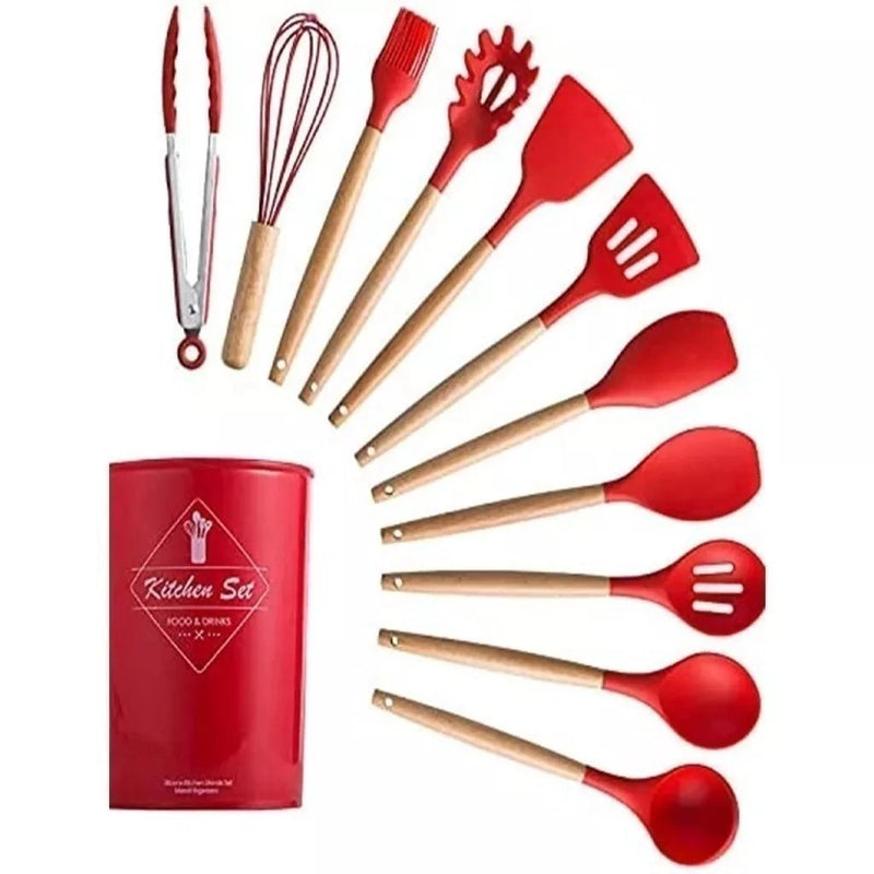 Jogo de Cozinha Kit C/12 Pçs de Silicone Utensílios e Copo Suporte para Cozinha Cabo de Madeira Su